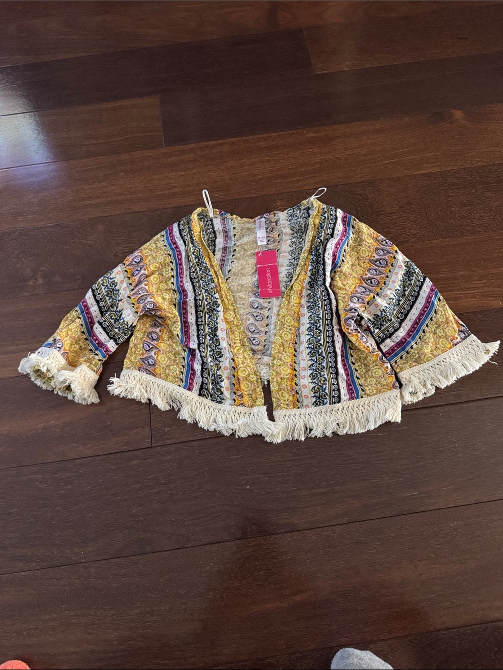 Xhilaration Yellow Multi-Color Patterned Fringe Cardigan